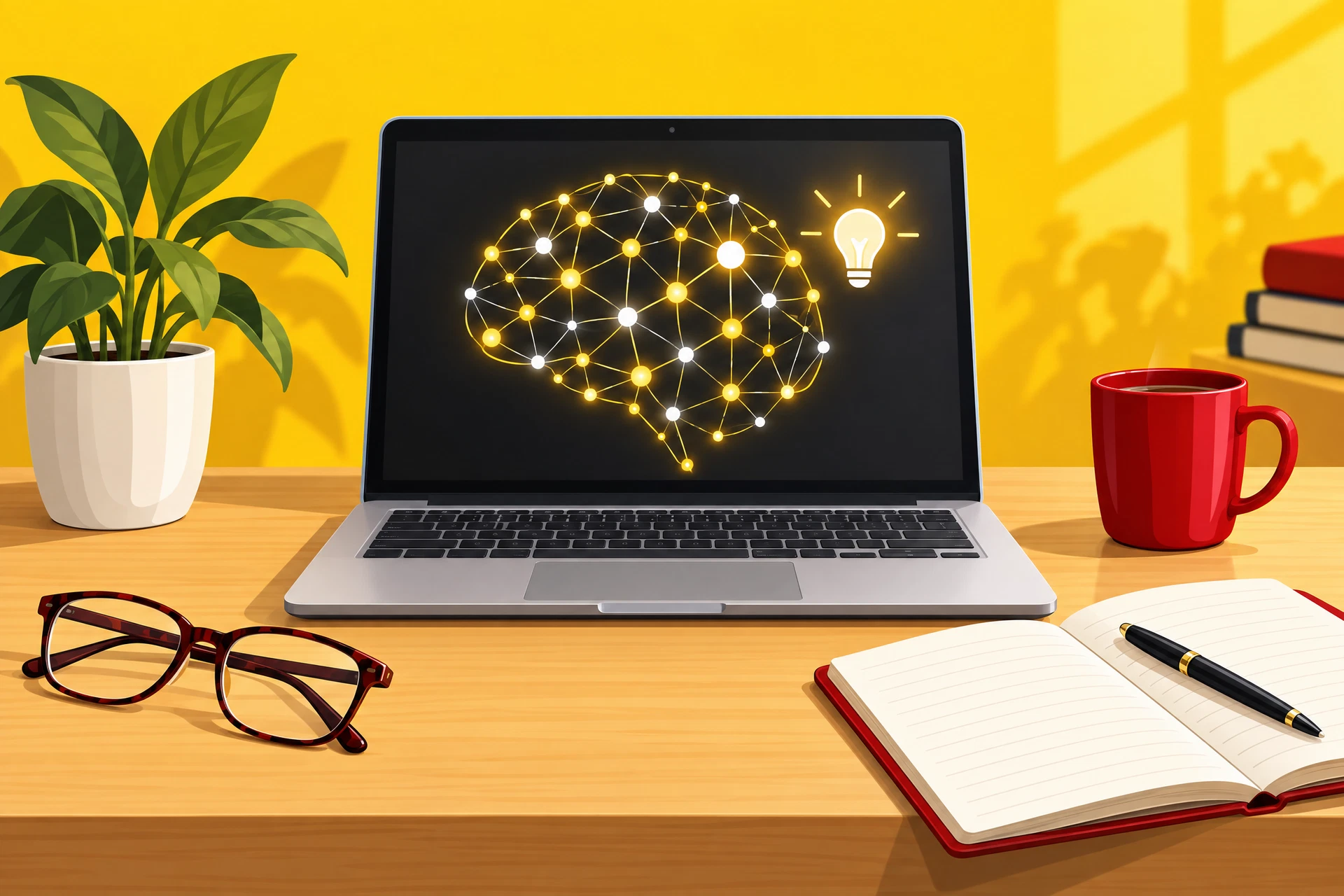 Illustration of a laptop with an AI neural-network brain, a lightbulb, reading glasses and a notebook