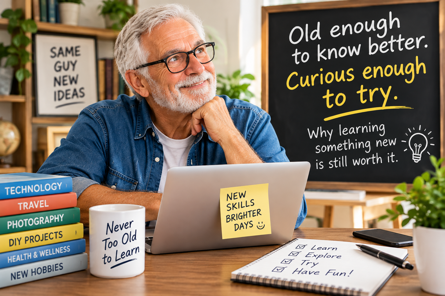 Older man at a laptop beside books and a chalkboard reading Old enough to know better. Curious enough to try.
