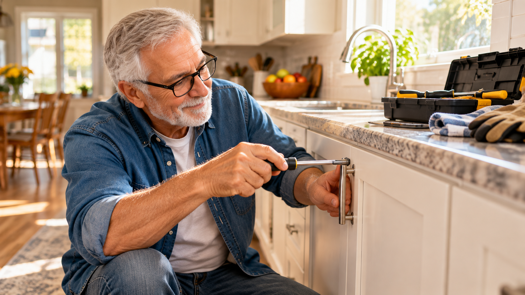 Older man using a screwdriver to tighten a kitchen cabinet handle, with a toolbox on the counter